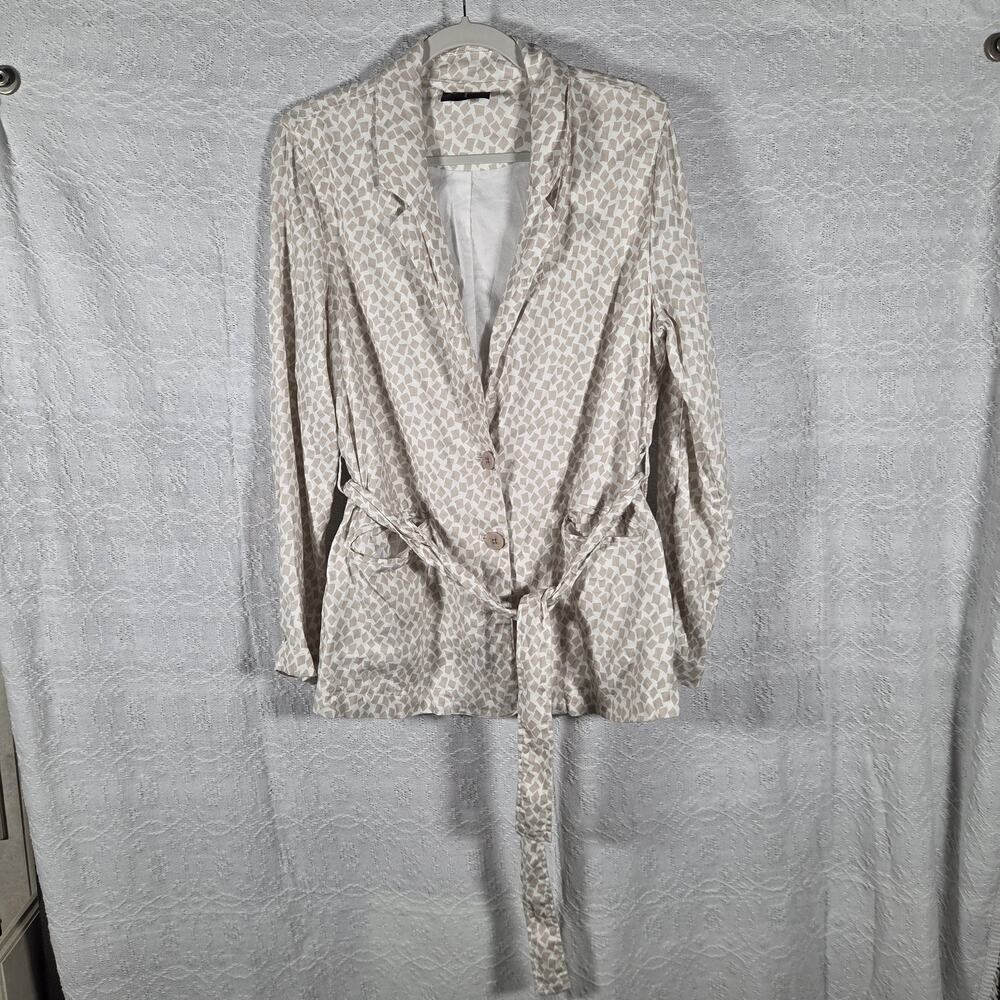 Tahari Tie Waist Blazer Jacket Women M Neutral Beige Geometric Print Linen Blend